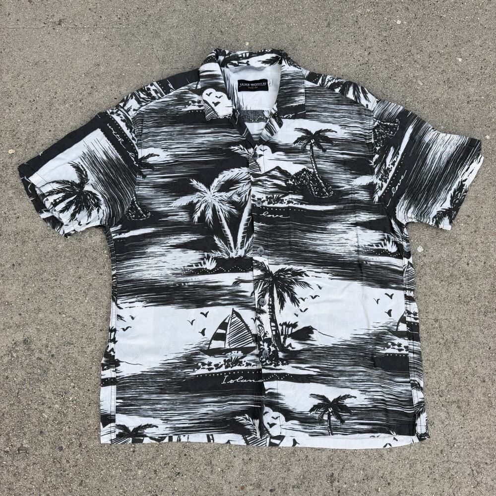 Jams World Tropical Palm Tree Sailboat Rayon Hawaiian Shirt Sz L Men
